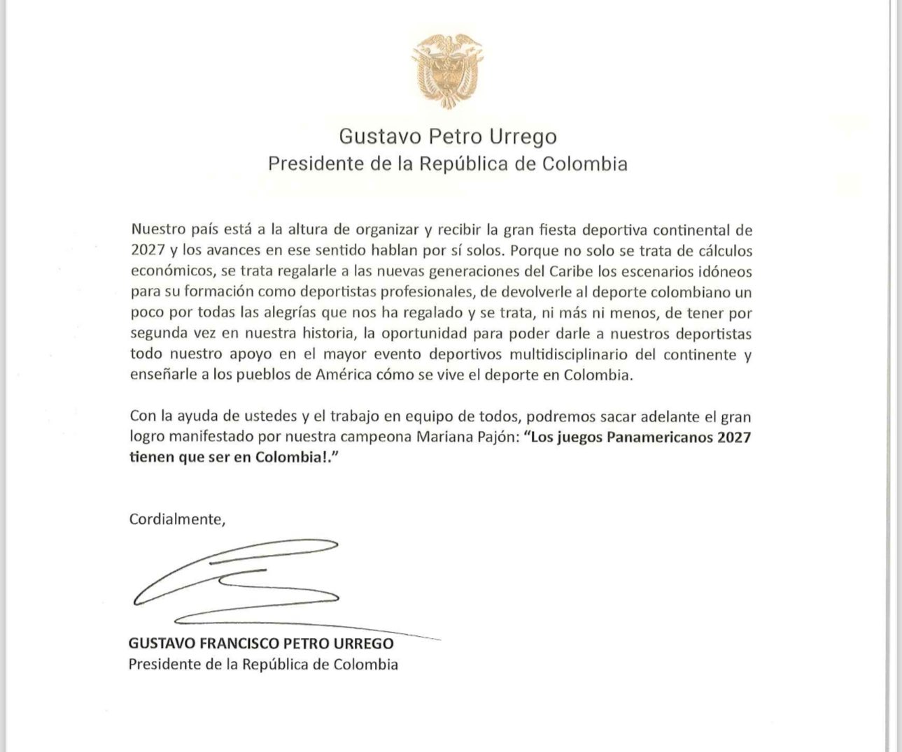 Gustavo Petro Env A Carta A Panam Sports Para Recuperar Sede De Los