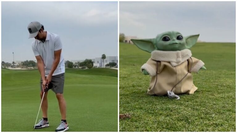 Checo Pérez usa la fuerza y a Baby Yoda para mejorar en el golf