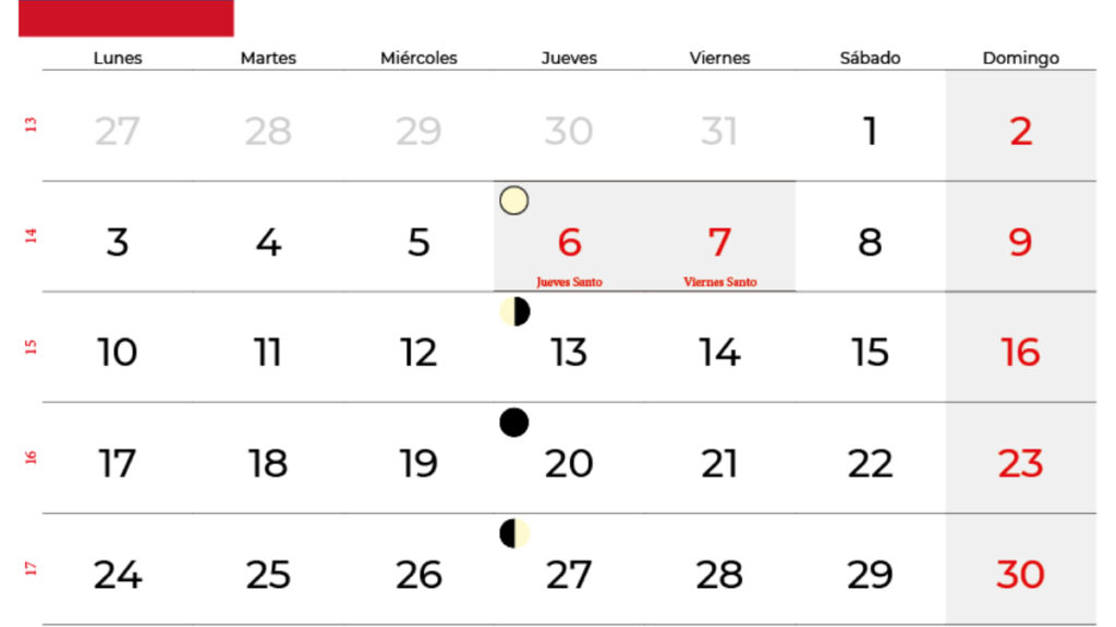 Calendario y festivos de abril 2023.