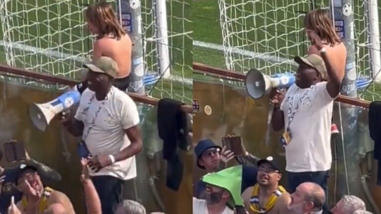 ‘Tino’ Asprilla, megáfono en mano, lidera los festejos de la afición de Parma