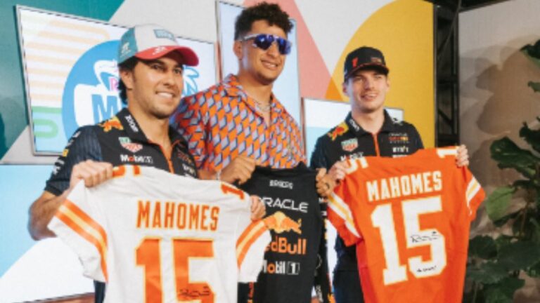 Checo Pérez y Max Verstappen reciben la visita de Patrick Mahomes previo al GP de Miami