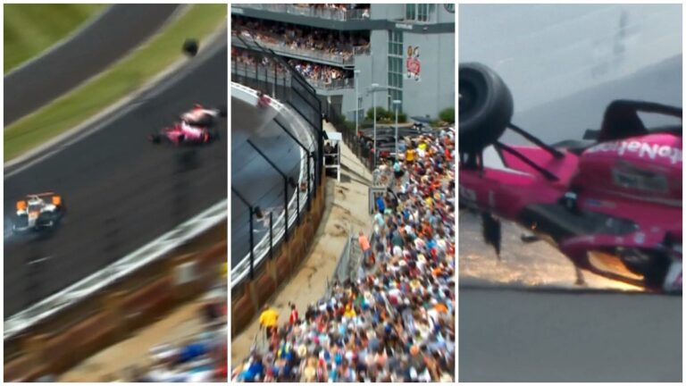 Impactante choque entre Rosenqvist y Kirkwood en la Indy 500 que termina con un neumático… ¡en la tribuna!