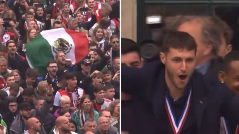 La afición del Feyenoord le canta a Santiago Giménez durante la celebración del título