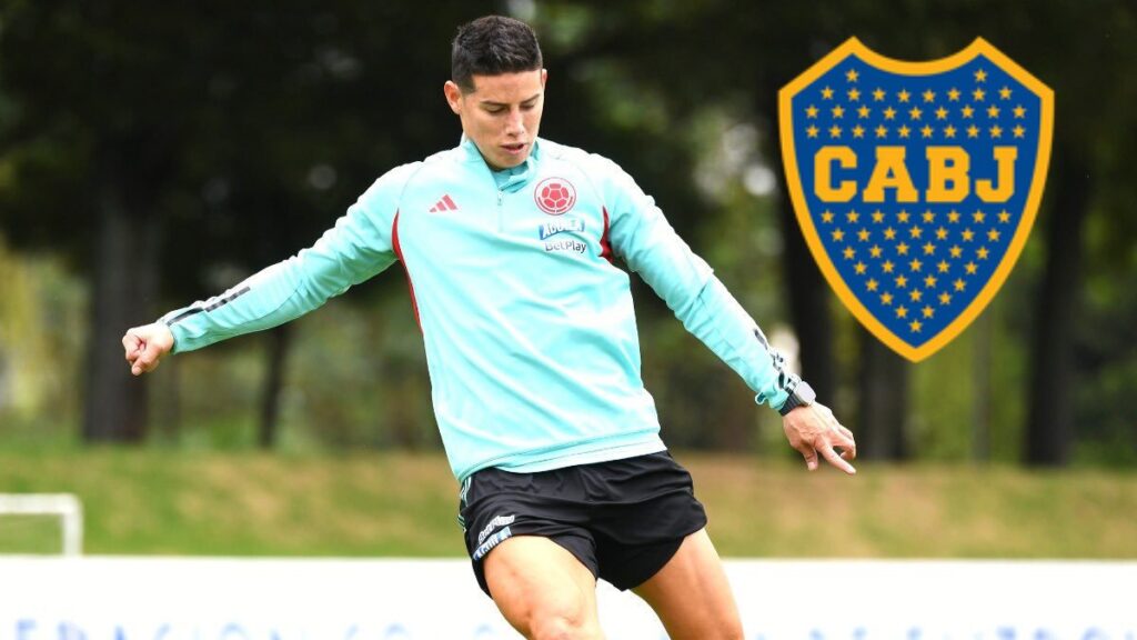 James Rodríguez y el escudo de Boca Juniors.