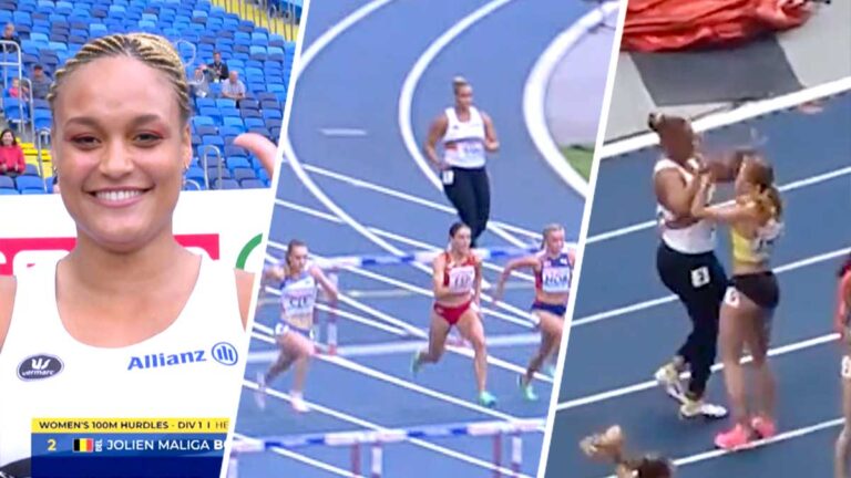 ¡Insólita carrera viral! Lanzadora belga corre los 100m con vallas, termina última y es reconocida por sus rivales