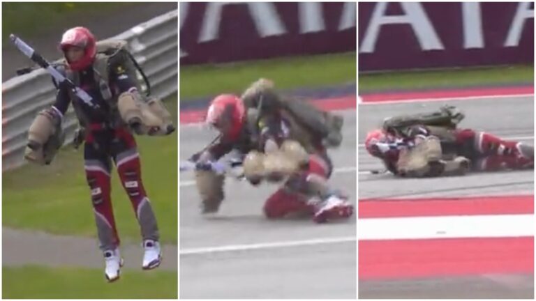 ¡A punto de ser una tragedia! Hombre en jetpack pierde el control y cae en la pista del Red Bull Ring previo al Gran Premio de Austria