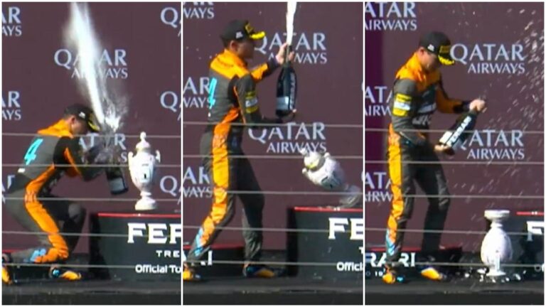 ¡Se emocionó de más! Lando Norris rompe el trofeo de Verstappen en la celebración del GP de Hungría