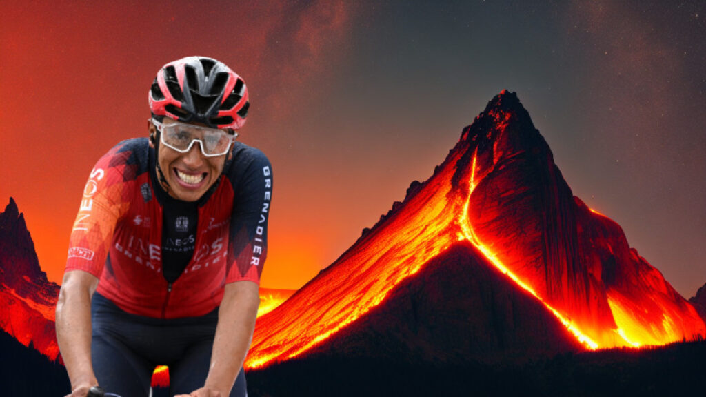 Diseño de Egan Bernal y una montaña en fuego.