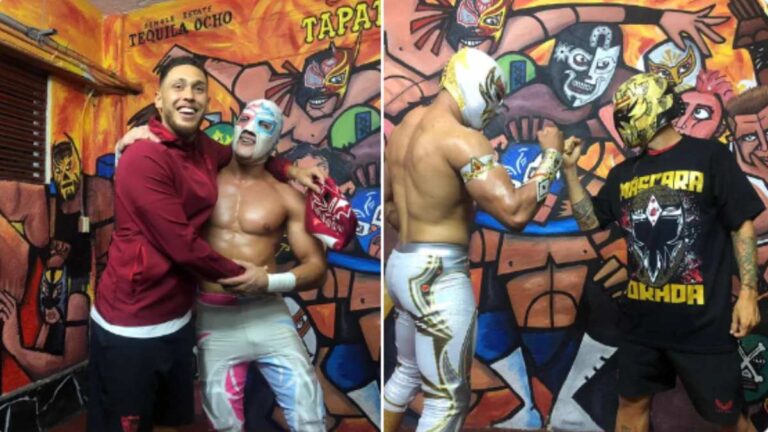 Los jugadores del Sevilla intercambian playeras y máscaras con luchadores del CMLL