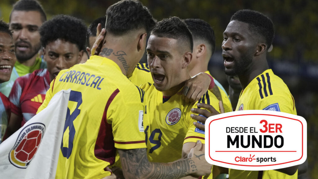 Jugadores de la Selección Colombia celebran el gol contra Venezuela. - AP.