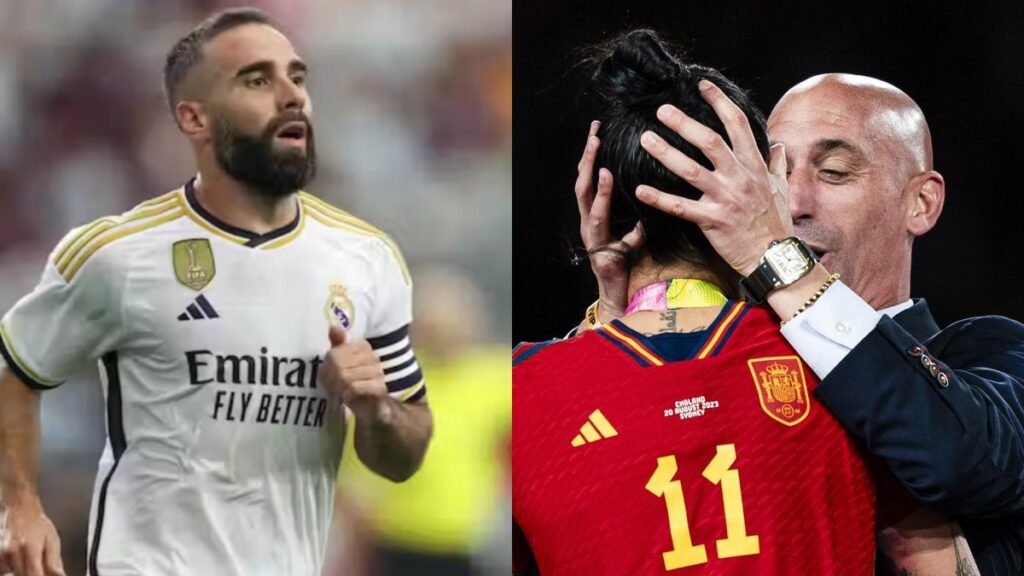 Dani Carvajal de un lado, Hermoso y Rubiales del otro. (Foto: Real Madrid/AP)