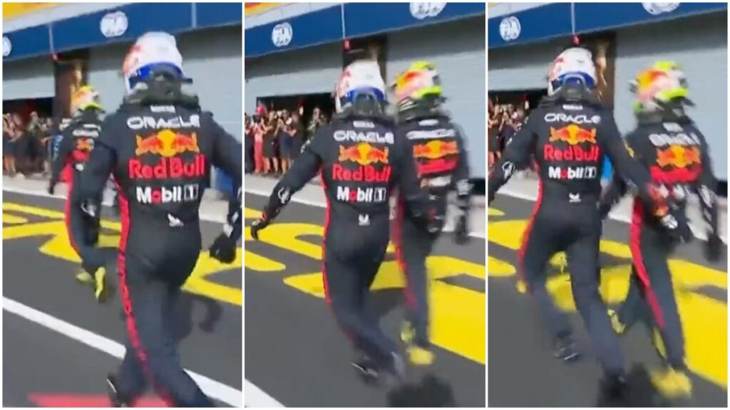 Un eufórico Max Verstappen le dio una pequeña nalgada a Sergio 'Checo' Pérez en el inicio del festejo de Red Bull.