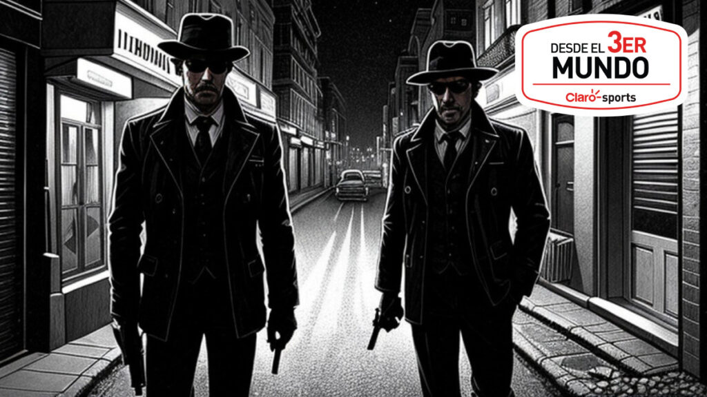 Diseño de dos hombres sospechosos en una calle oscura. – IA de Picfinder.ai.