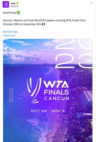 WTA Finals é confirmado para Cancun, no México