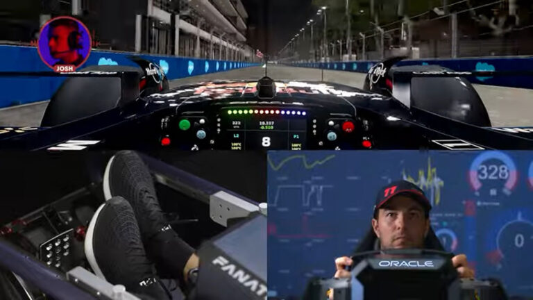 Checo Pérez conduce por primera vez en La Vegas… con el simulador virtual de Red Bull