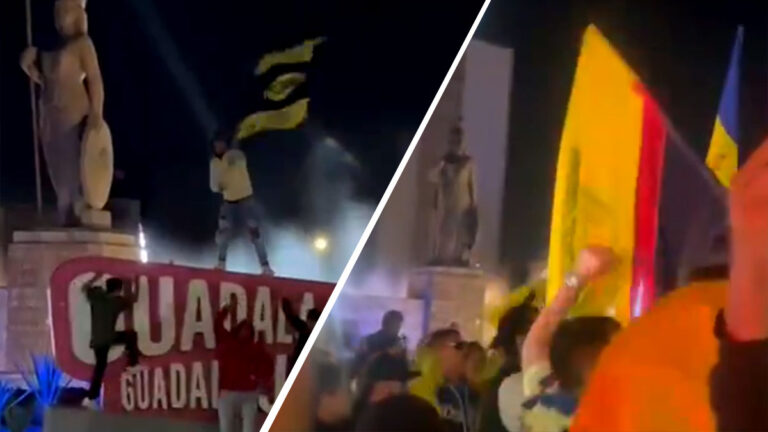 Aficionados del América toman la Glorieta de la Minerva en Guadalajara para festejar el título 14