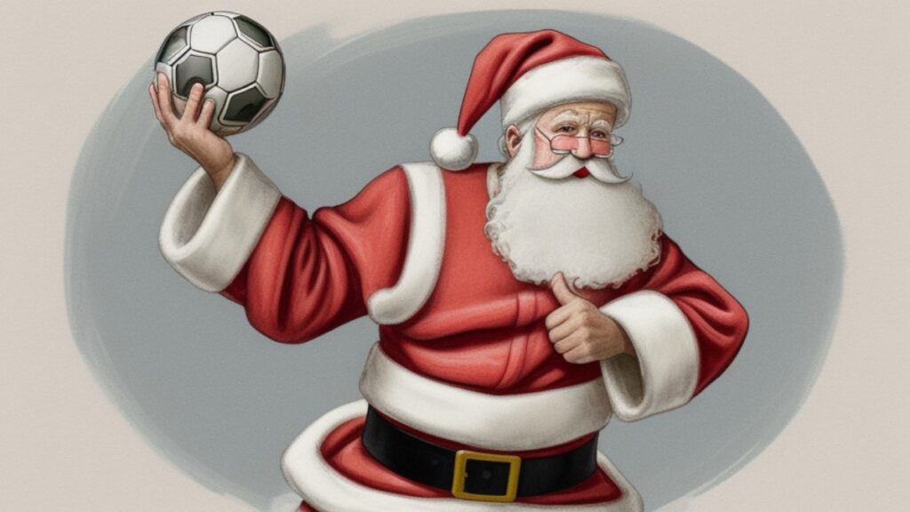 Ilustración de Papá Noel con un balón de fútbol. - IA de PicFinder.ai.