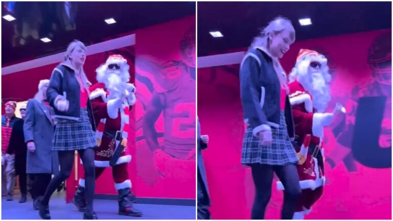Travis Kelce aparece vestido de Santa Claus junto a su novia, Taylor Swift, para celebrar navidad con los Chiefs