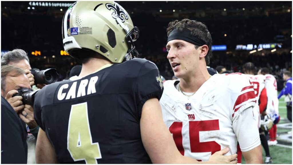 Tommy DeVito y Derek Carr | Reuters; Lew-USA TODAY Sports