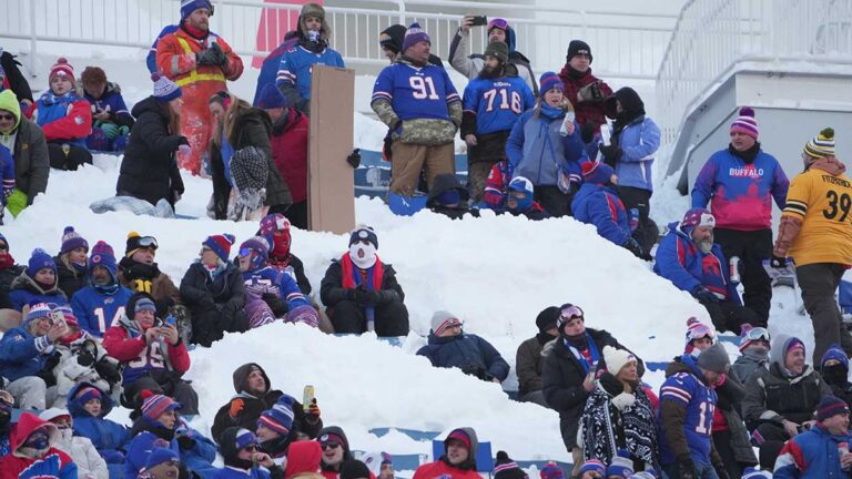 Fanáticos de los Bills celebran los touchdown  ante Steelers lanzando bolas de nieve