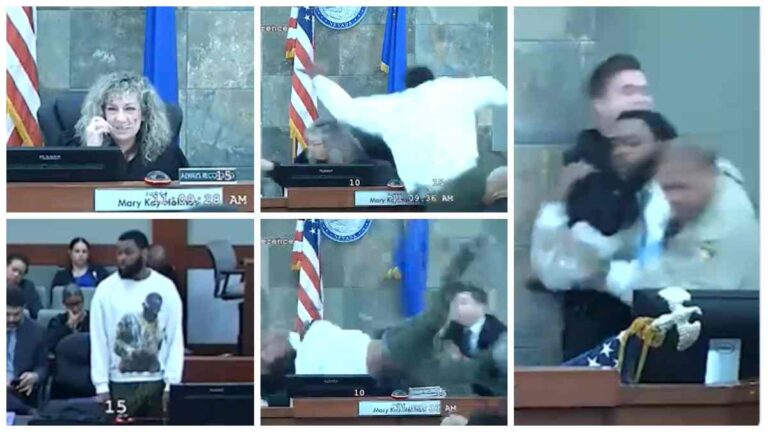 El increíble video de un preso que vuela como luchador para agredir a una jueza de Las Vegas que le negó su libertad condicional
