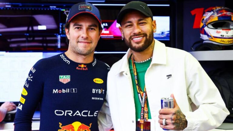 Checo Pérez recibe la visita de Neymar Jr. en el GP de Bahréin