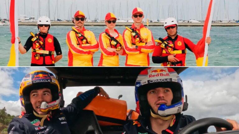 El divertido desafío al estilo ‘Baywatch’: ¡Checo y Max le ganan con polémica a Yuki y Ricciardo!