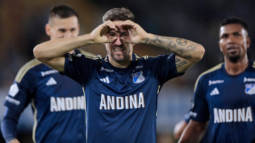 Santiago Giordana celebra un gol con Millonarios. - Vizzor Image.