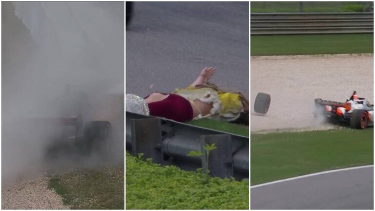 Locura en la IndyCar en Alabama: Cae un maniquí en la pista, multiples accidentes y una llanta sale volado