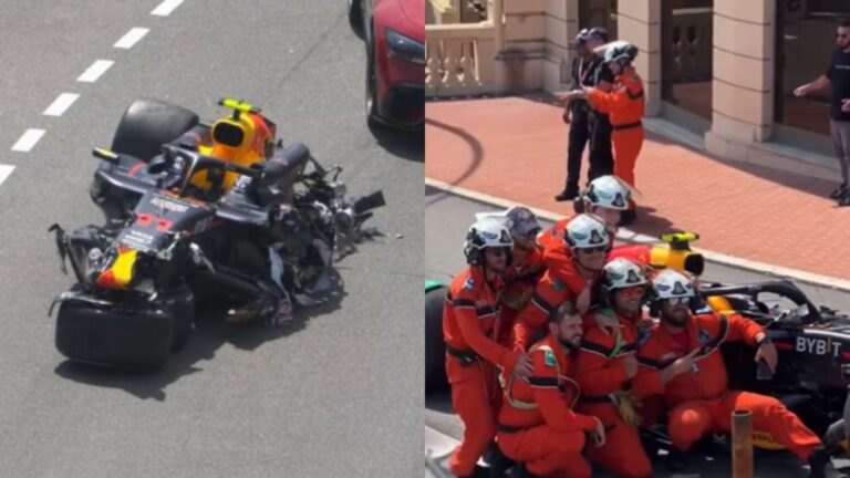 Comisarios de la F1 posaron con el auto destruido de Checo Pérez en Mónaco