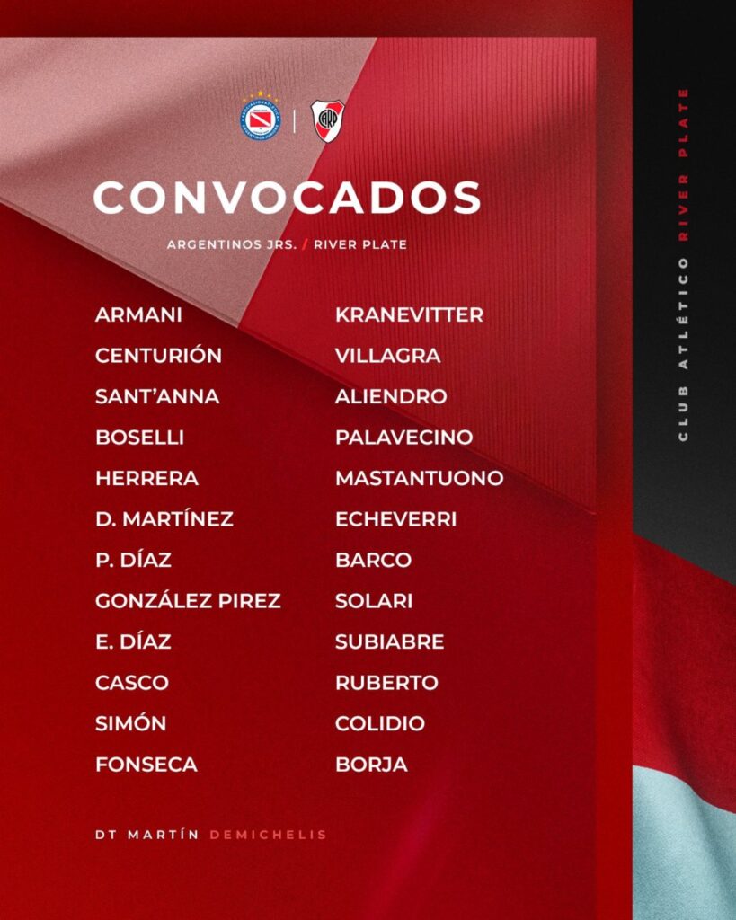 Convocados de Martín Demichelis para Argentinos Juniors vs River Plate