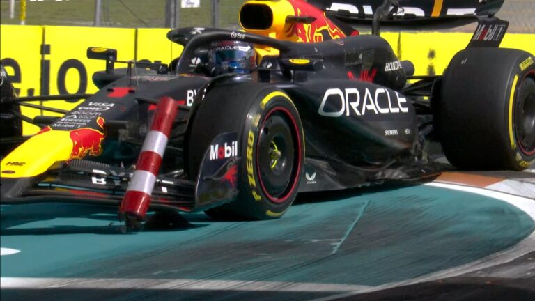 Verstappen impacta con un cono de seguridad en el GP de Miami y pierde el liderato