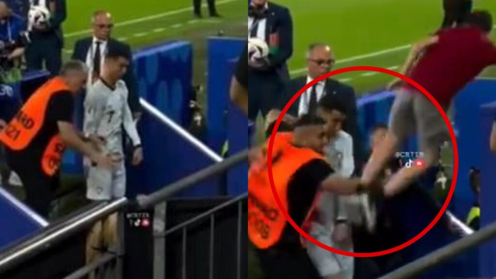 Cristiano Ronaldo estuvo a punto de ser aplastado luego de que un aficionado se lanzara sobre él al término del partido contra Georgia