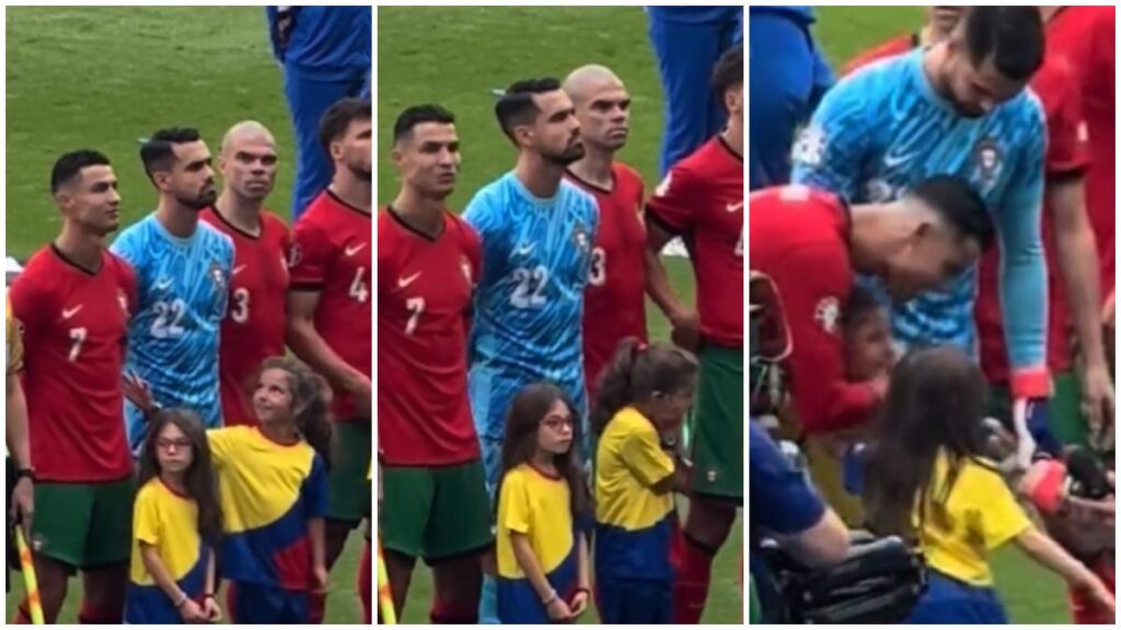 Así fue la reacción de una niña al darse cuenta de la cercanía con Cristiano Ronaldo en la ceremonia de los Himnos Nacionales