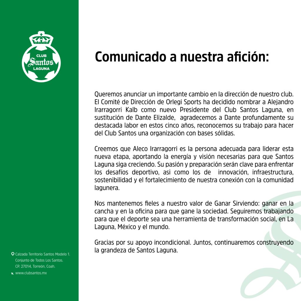 Comunicado de Santos Laguna.