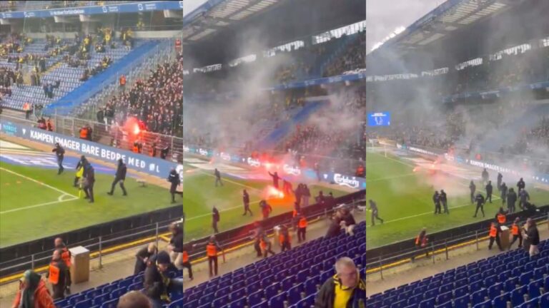 ¡Lamentable! Ultras invaden el campo en el Brondby-Copenhague y desatan pánico