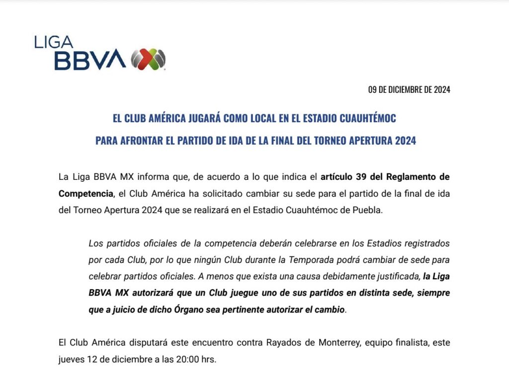 La Liga MX confirma el cambio de sede para la ida de la gran final del Apertura 2024.