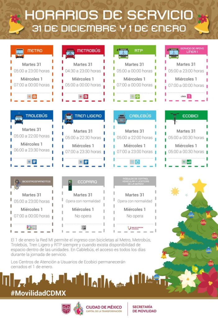 Horarios de metro, metrobús, cablebús, rtp, tren ligero en CDMX 31 de diciembre de 2024 y 1 de enero de 2025