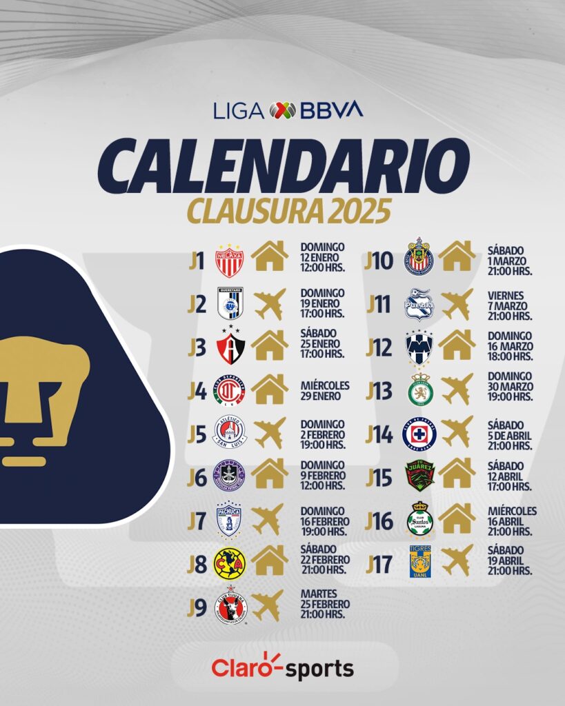 Calendario completo de Pumas Clausura 2025. Claro Sports