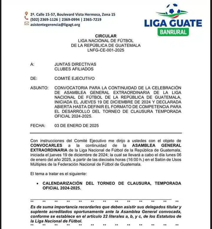 El comunicado de la Liga Nacional de Guatemala para la Asamblea Extraordinaria