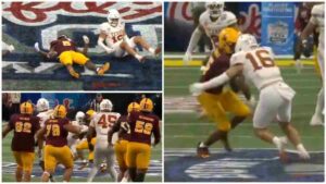 El brutal golpe casco contra casco que salvó a Texas en el Peach Bowl: quedó noqueado el receptor de Arizona State y no fue marcado como targeting