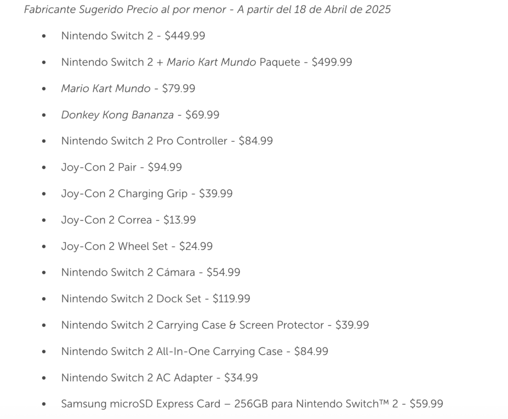 Los precios para los accesorios del Nintendo Switch 2 | CAPTURA