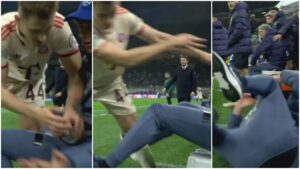 ¡Se enojó! Josip Stanisic empuja al recogepelotas en el duelo del Inter y Bayern