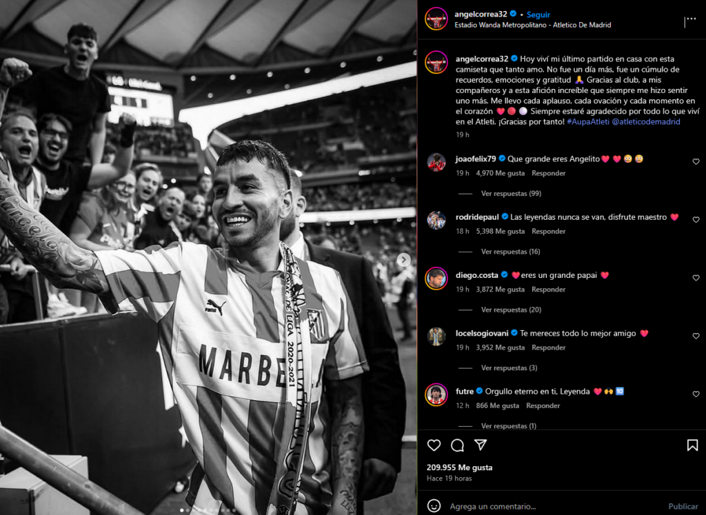 Ángel Correa se despide de la afición del Atlético de Madrid. | Foto Instagram: angelcorrea32