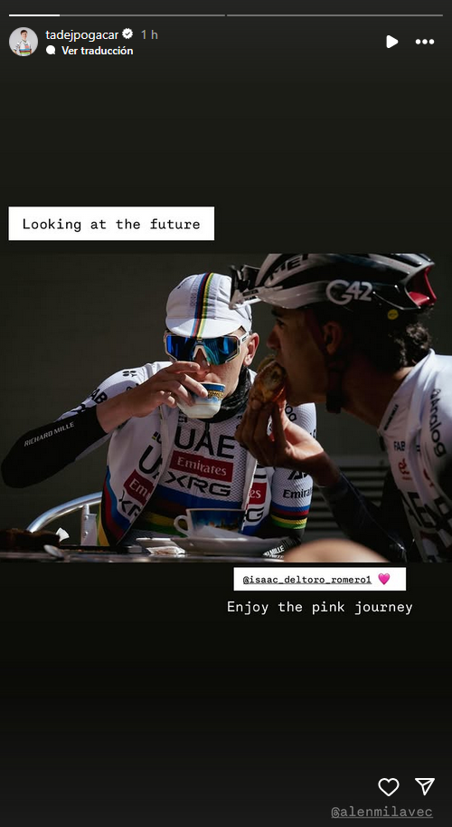 Tadej Pogačar manda mensaje a Del Toro. | Foto Instagram: tadejpogacar