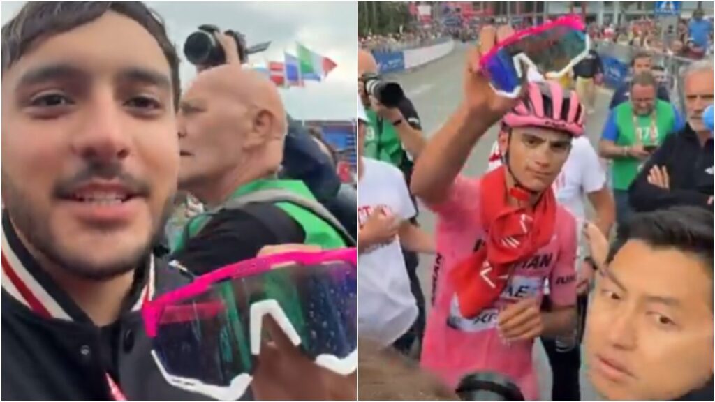 Isaac del Toro obsequia sus gafas a un aficionado luego de terminar la etapa 20 del Giro de Italia, donde perdió la maglia rosa