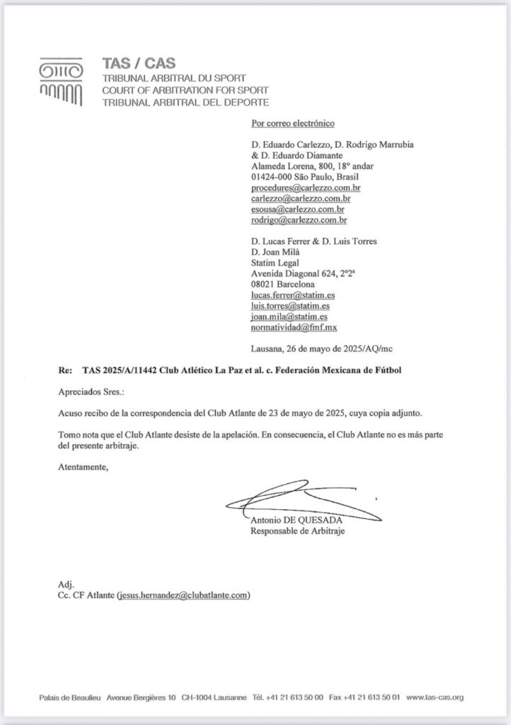 TAS confirma que desiste de la demanda ante la FMF.