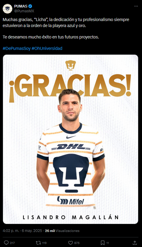 Comunicado de Pumas sobre la baja de Lisandro Magallán.