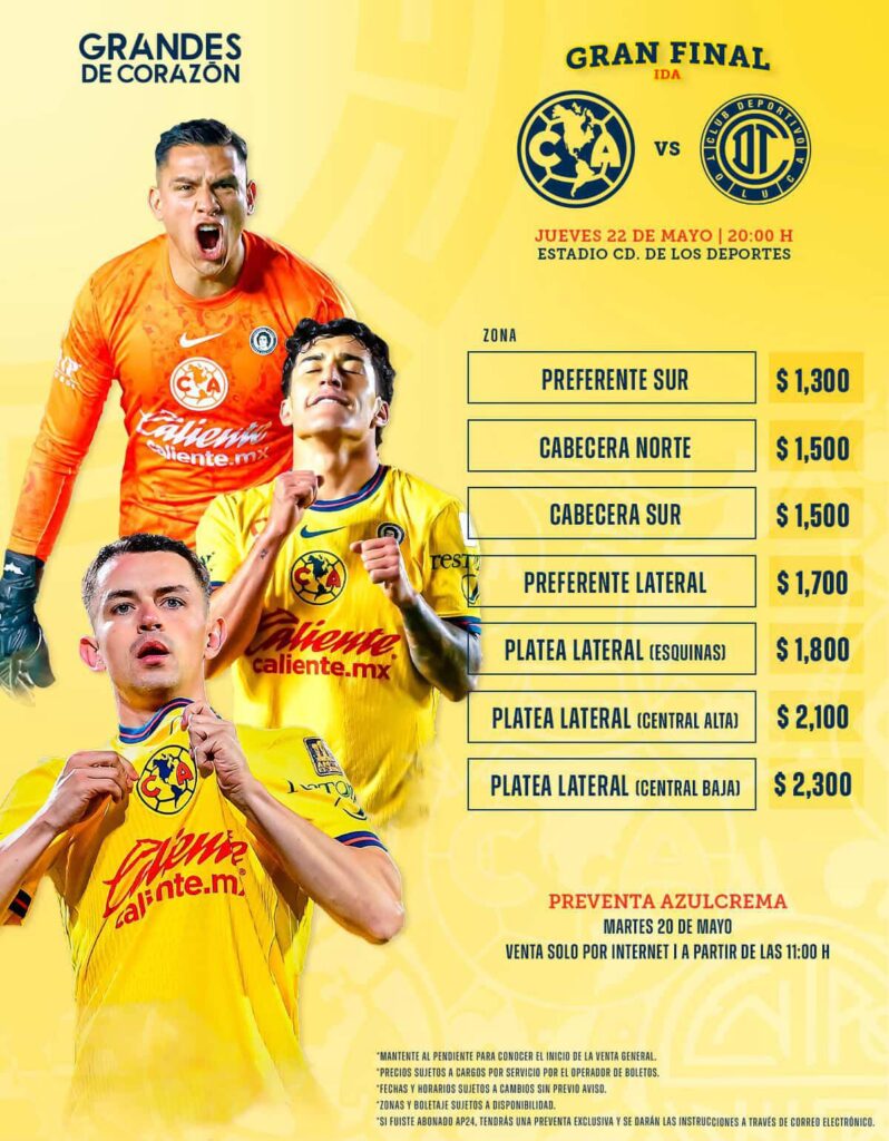 Precio de los boletos sin recargo para la final América vs Toluca. Foto X: @ClubAmerica