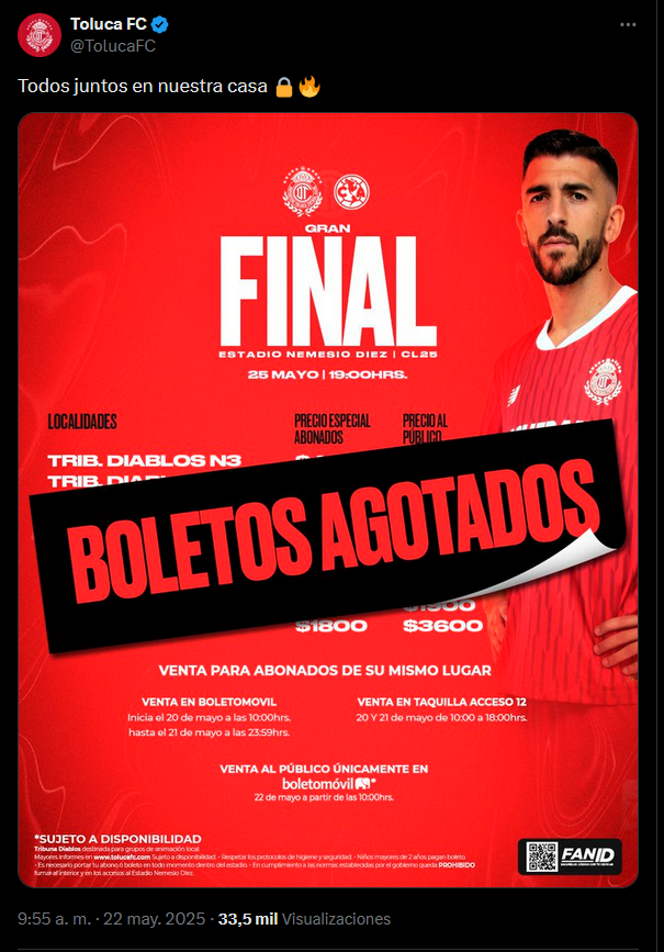 Toluca anuncia boleto agotados para la final. Foto X: @TolucaFC